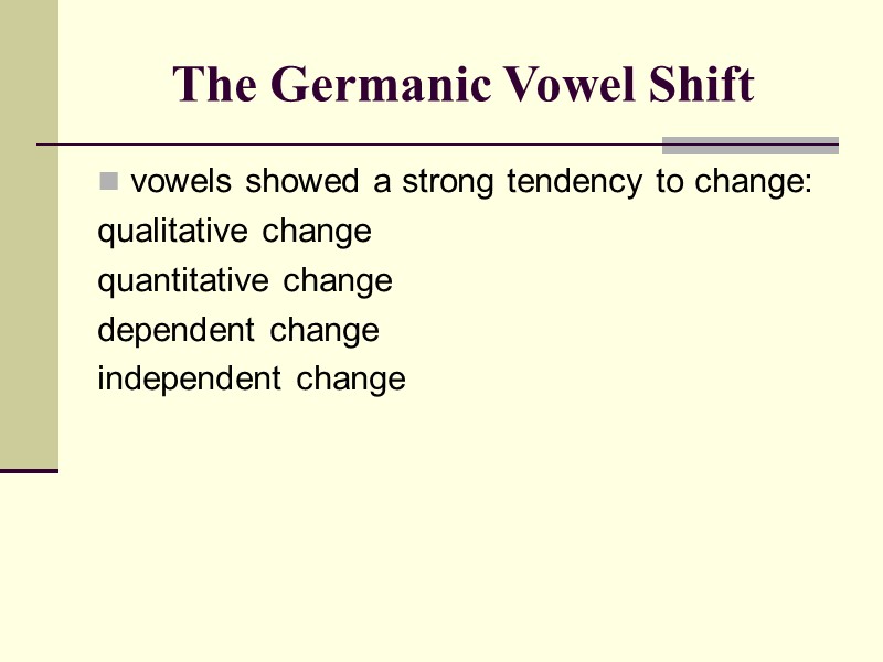 The Germanic Vowel Shift vowels showed a strong tendency to change: qualitative change The Germanic Vowel Shift vowels showed a strong tendency to change: qualitative change